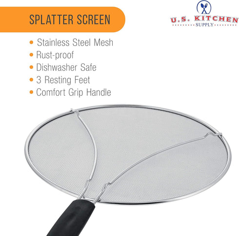 U.S. Kitchen Supply Stainless Steel Splatter Guard 13" Fine Mesh Cover, Grease & Oil, Splatter Screen for Frying Pan, Cooking Pots, with Resting F...