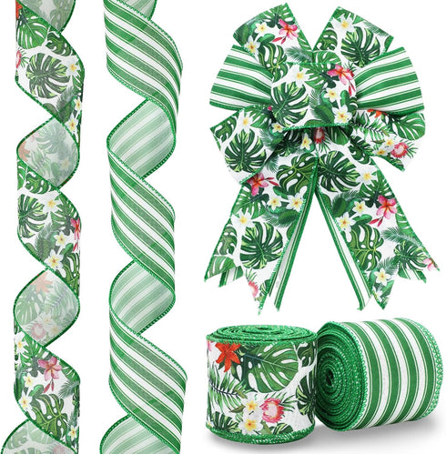 Palm Leaf Stripe Wired Edge Ribbon Tropical Green Floral Craft Fabric Ribbon for Summer Wreath Bow DIY Wrapping Party Decor, 2 Rolls, 20 Yard...