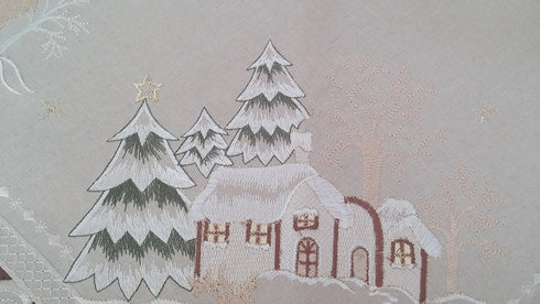 Christmas Table Runner with Reindeer and Cabin on Tan Burlap Style Material Size 34 x 15 inches...