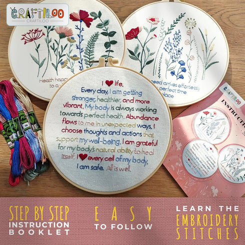CRAFTILOO Learn The Stitches Flower Health Affirmations Embroidery kit for Beginners with Stamped Embroidery Patterns Starter Kit. Needlepoint Cro...