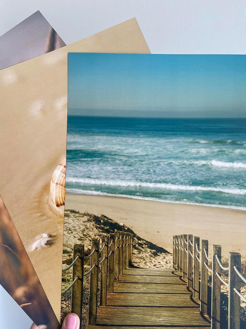 Sandy Beach Landscape Set of 3 Unframed Wall Prints, Coastal Sea Shell Ocean Waves Beach Path Wooden Bridge Reeds Posters, Bathroom Living Room Be...