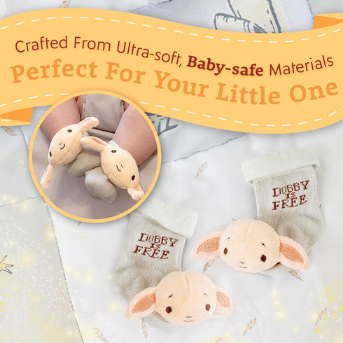 Kids Preferred Harry Potter Dobby Baby Infant Rattle Socks with Dobby Plush Rattle and Dobby Is Free - Soft Baby Sock Feet Rattles Encourage Leani...