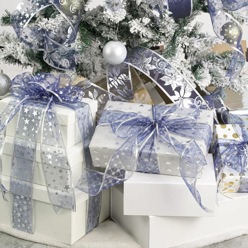 AIMUDI Navy Blue Christmas Ribbon Wired 2.5" Navy Christmas Tree Ribbon 6 Rolls 36 Yards Blue Ribbon for Christmas Tree Garland Blue Silver Wired ...