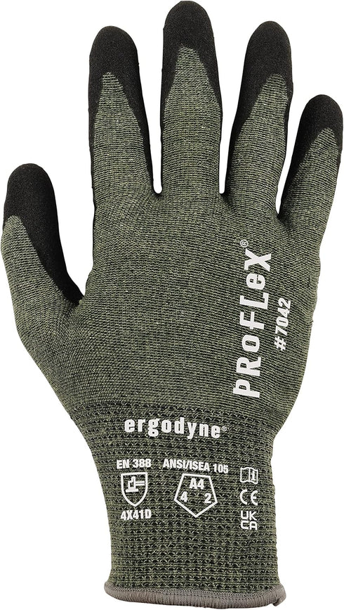 Ergodyne ProFlex 7042 Cut Resistant Work Gloves, ANSI A4, Contact Heat Resistant, Sandy Nitrile Coated Palms, 18g Aramid , Green...