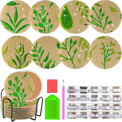 8 Pcs Leaves Diamond Painting Coasters Kit,Acrylic Diamond Art Coasters with Holder,DIY Green Leave Diamond Painting Coasters for Adults Beginners...