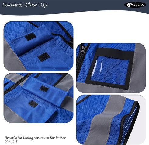 JKSafety Reflective Safety Vest for Men Women With 8 Pockets Hi Vis Work Construction Vest High visibility Vest Meet ANSI/ISEA Compliant(70-Blue-X...