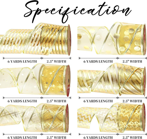 MEEDEE Gold Ribbon for Christmas Tree Decoration - 2.5 Inch, 6 Rolls, 36 Yards - Star and Stripe Wired Ribbon for Tree Garland and Crafts...