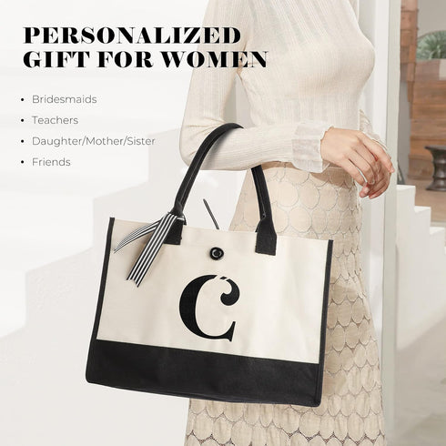YOOFAN Initial Canvas Tote Bag - Personalized Monogrammed Gift Tote Bag for Wedding, Birthday, Beach, Holiday - Gift for Women, Mom, Teachers, Fri...