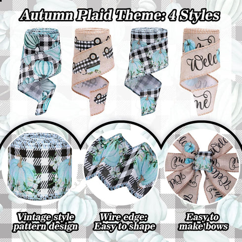 Whaline 30 Yards Fall Thanksgiving Wired Edge Ribbon Vintage Blue Pumpkin Craft Ribbon Plaids Pumpkin Truck Welcome Gift Wrapping Ribbon for Farmh...