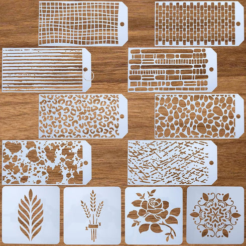 12pcs Texture Stencils for Crafts Reusable Animal Leopard Brick Dot Layering Print Stencils for Painting on Card Canvas Furniture Paper Scrapbooki...