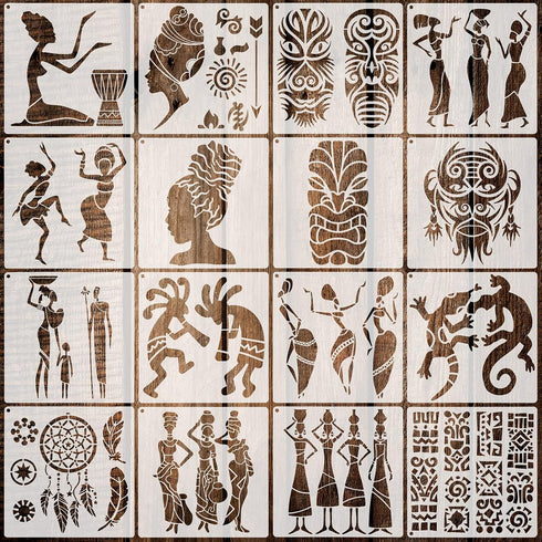16 Pieces African Tribal Stencils Congo Mask Stencil Tribal Faces Stencil African Stencil Template Tribal Wall Painting Stencil and Metal Open Rin...