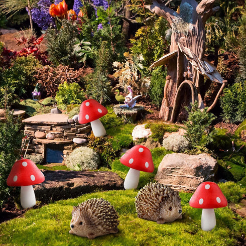 Queekay Resin Hedgehogs & Wood Mushroom Sculpture, Fairy Wild Garden Supplies, 6 Pieces, Red, Handmade Decor...