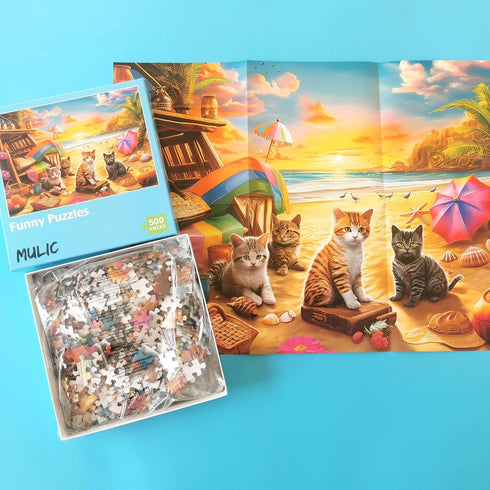 500 Pieces Jigsaw Puzzles for Adults - Difficult Puzzles for Adults Challenging - Cats Seaside Sunset...