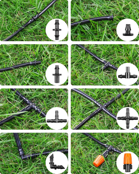 Drip Irrigation Fittings Kit for 1/4" Tubing, 260 Pcs Drip Line Connectors for Drip Systems - 10 Nozzles,10 Nozzle Tees,25 Single barbs,25 4-way C...