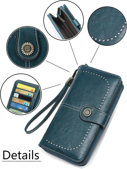 Womens Wallet Leather Large Capacity Card Holder Zipper Wristlet Wallets for Women-peacock blue...