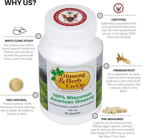 100% Pure Wisconsin American Ginseng Capsules - 500mg. Authentic Panax Quinquefolius. Potent Ground Ginseng Root - No Fillers, Binders or Other Ad...