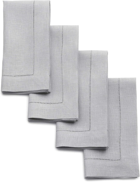 Solino Home Linen Napkins Set of 4 - Classic Hemstitch 100% Pure Linen Soft Grey Dinner Napkins Cloth 20 x 20 Inch for Summer, Fall - Handcrafted ...