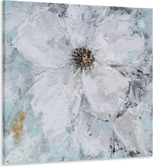 Yihui Arts White Flower Painting - Hand Painted Grey Floral Canvas Wall Art for Home Decor...