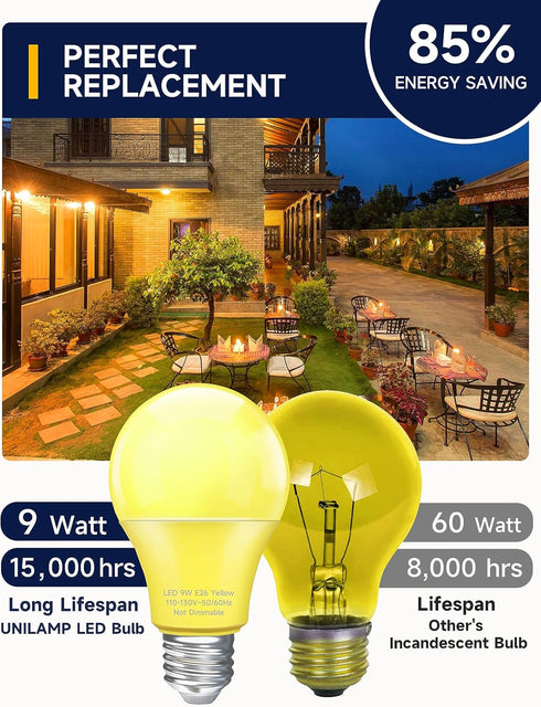 Yellow LED Bug Light Bulbs, A19 Outdoor Yellow Bug Light Bulb, 9W Equivalent 60W, Yellow Bug Light Bulbs for Outside, E26 Base for Porch, Holiday ...