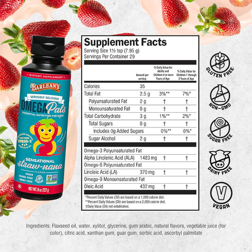 Barlean's Omega Pals Omega 3 for Kids, Yummy Straw-Nana Flavored Children's Liquid Flax Seed Oil Supplement with 1,483 mg ALA, Non-GMO, Vegan Brai...
