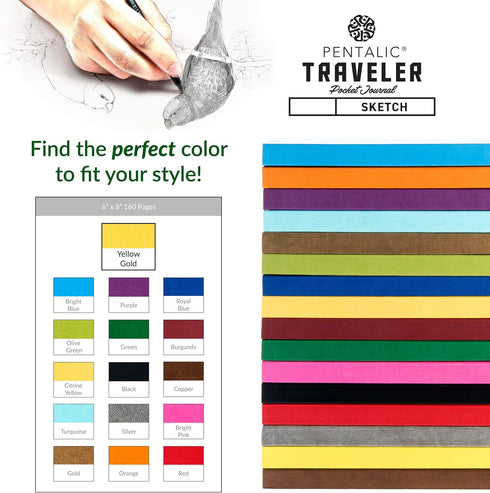 Pentalic Art Traveler Pocket Journal Sketch Book, 6" x 8", Yellow Gold...
