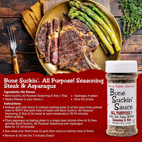 Bone Suckin' All Purpose Seasoning & Rub 5.8 oz, Zero Calorie, Sugar Free, Gluten Free, Non GMO, Kosher, Garlic, Salt, Pepper & Onion, For Pork, B...