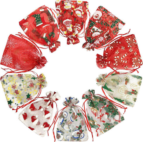 24PCS Christmas Organza Gift Bag 4X6 with Drawstring 11 Mix Pattern Small Goodie Candy Party Favor Xmas Gift Bags...
