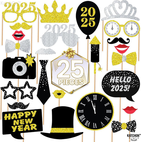 New Years Photo Booth Props | Pack of 20, Real Glitter | New Years Eve Party Supplies 2019 | Nye decorations 2019 | New-Year Decorations 2019 | Ha...