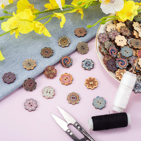 150Pcs 20mm Wooden Vintage Buttons, 2 Hole 3/4inch DIY Crafts Sewing Flower Painting Wood Buttons Octagon Coconut Shell Handmade Ornament Mixed Pa...