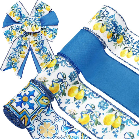 Whaline Lemon Wired Edge Ribbon 24 Yards Blue Tile Lemon Fabric Craft Ribbon for Spring Summer Baby Shower Birthday Gift Wrapping Wreath Bow DIY C...
