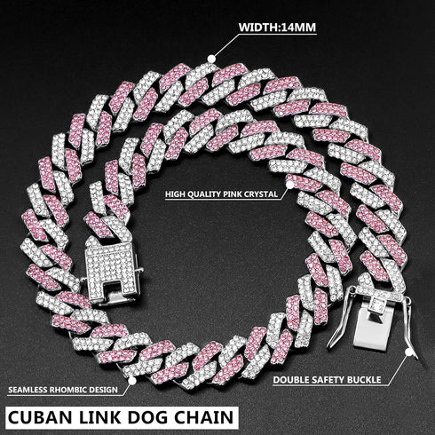Gold Dog Chain Collar Diamond Cuban Collar Walking Metal Chain Collar with Design Secure Buckle Dog Collars for Medium Large Dogs (18inch, Pink-Si...
