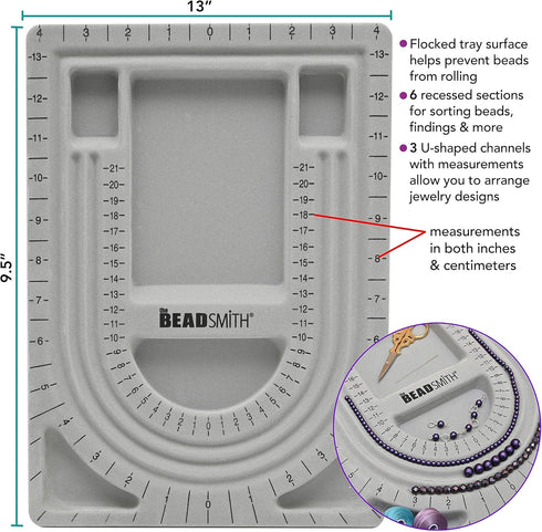 The Beadsmith Bead Board, Grey Flocked, 3 U-Shaped Channels, 6 Recessed Compartments, 9.5 x 13 inches, Design Boards for Creating Bracelets, Neckl...