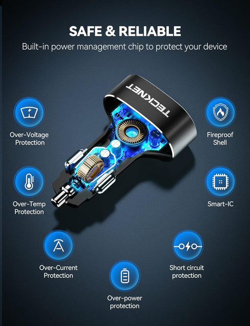TECKNET USB Car Charger 54W 4-Port Car Phone Charger Adapter QC 3.0 Port Cigarette Lighter Charger Fast Charging Adapter Compatible with iPhone 15...