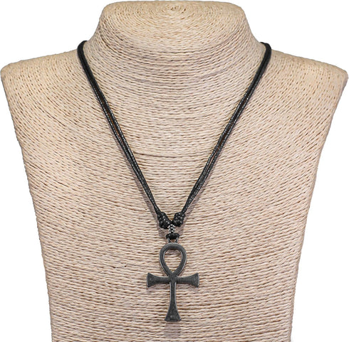 BlueRica Ankh Cross of Life on Adjustable Black Cord Necklace (Old Silver Finish)...