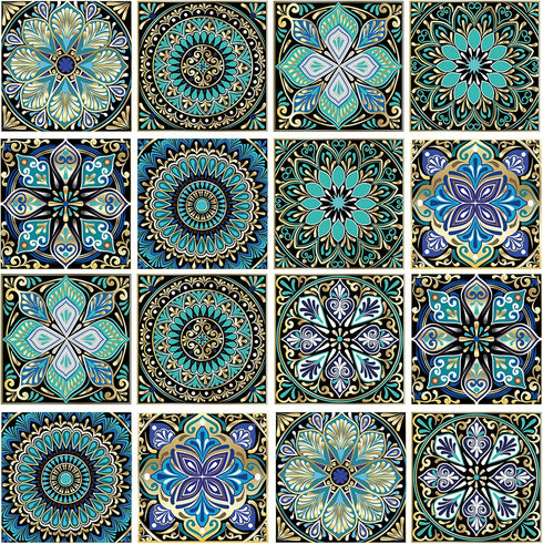 16 Pcs 6x6 Inch Mandala Decorative Tile Stickers, Peel and Stick Adhesive Tile Stickers, Home Decor, Furniture Decor, Staircase, Backsplash Tile S...