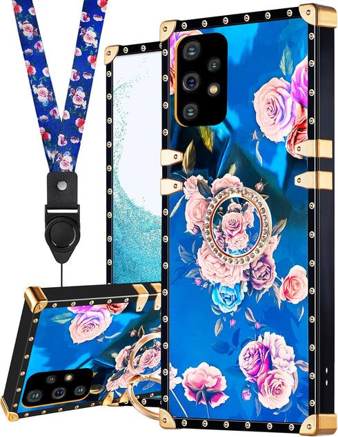 Loheckle for Samsung Galaxy A53 5G Case for Women, Designer Square Cases for Galaxy A53 5G Case with Ring Stand Holder and Lanyard, Stylish Peony ...