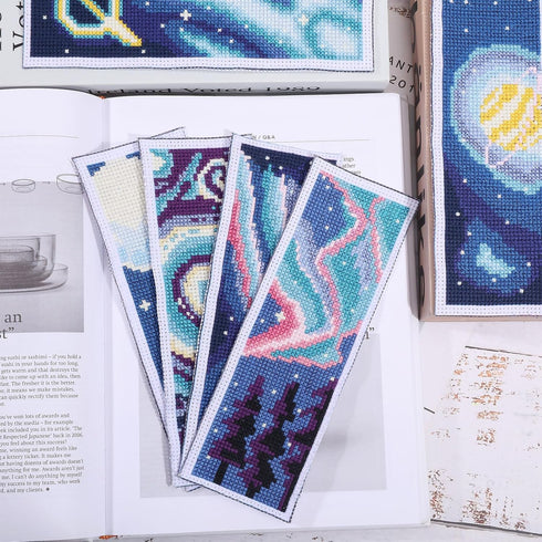 ORIGACH 6 Set Cross Stitch Bookmark Kit for Beginner Starry Sky Pattern DIY Stamped Embroidery Bookmark Kit with 20 Colors Embroidery Floss Instru...