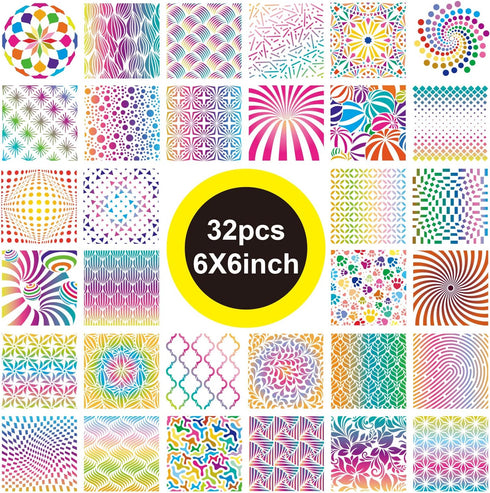 32 Pieces Geometric Stencils 6 x 6 Inch Painting Templates Mandala Stencil for Scrapbooking Cookie Tile Furniture Wall Floor Decor Craft Drawing T...