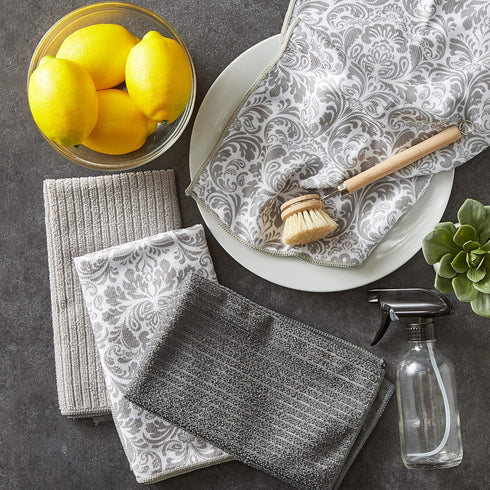 DII Cleaning Collection Multi-Purpose Microfiber, Gray Damask, Dishtowel Set...