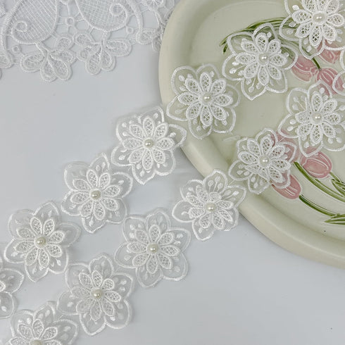 3Yards White Flower Lace Pearl Trim,Embroidered Sewing Lace Applique for DIY Sewing Crafts Wedding Dress Home décor...