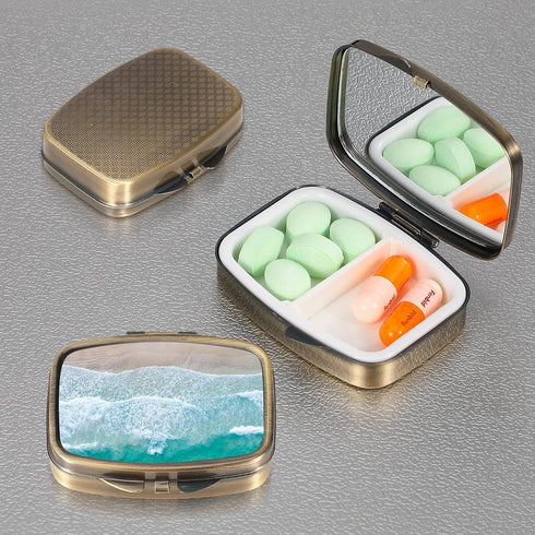 Dynippy Pill Case Pill Box with Mirror Retro Pocket 2 Compartment Medicine Case Vitamin Pill Organizer for Pocket Purse and Travel (A-Sandy Beach)...
