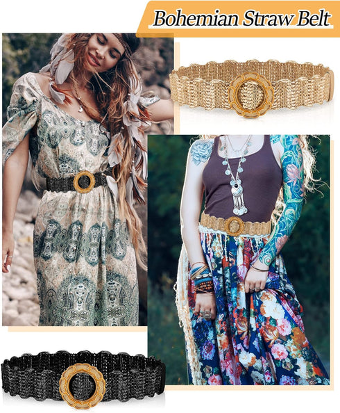 Hercicy 3 Pcs Rattan Straw Woven Belt Bohemian Waist Rope Braid Belts for Women, Trendy Boho Ladies Skinny Dress Belt Multicolor...