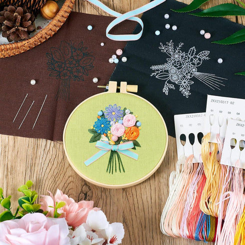 Spritewelry 3 Sets Embroidery Start Kit for Beginners Stamped Cross Stitch Sets with Pattern and Instructions with Embroidery Hoops Threads Needle...