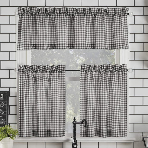 No. 918 Parkham Farmhouse Plaid Semi-Sheer Rod Pocket Kitchen Curtain Valance and Tiers Set, 54" x 24", Black/White...