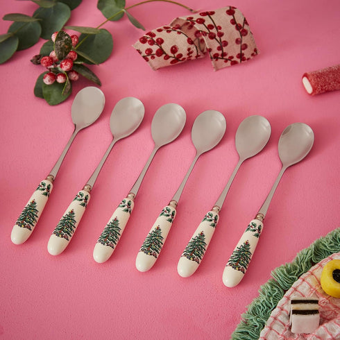 Spode Christmas Tree Teaspoons - Set of 6, Holiday Silverware for Desserts and Beverages, Stainless Steel Flatware with Porcelain Handles, 6-Inch ...