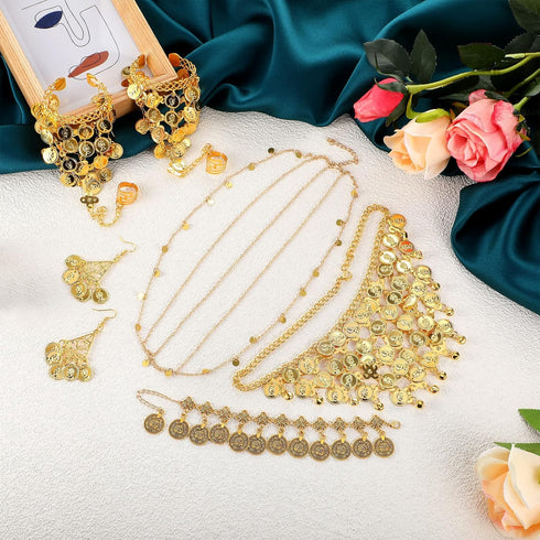 Belly Dance Jewelry Set Women Belly Dance Gold Sequins Head Chain Coins Necklace Earrings Bracelets Bohemian Tassel Anklet Chain Hand Ring Bracele...