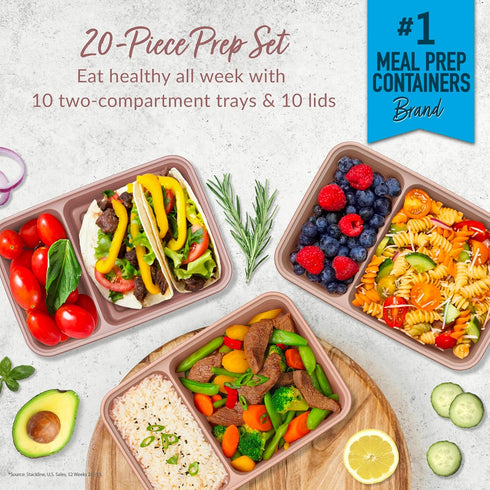 Bentgo 20-Piece Lightweight, Durable, Reusable BPA-Free 2-Compartment Containers - Microwave, Freezer, Dishwasher Safe - Rose Gold...
