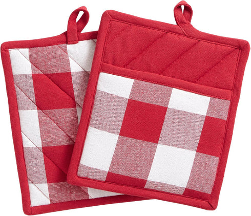 Elrene Home Fashions Farmhouse Living Buffalo-Check Pot-Holder Set, Rustic Pot Holders for Kitchen, Set of 2, 8" x 9", Red/White...