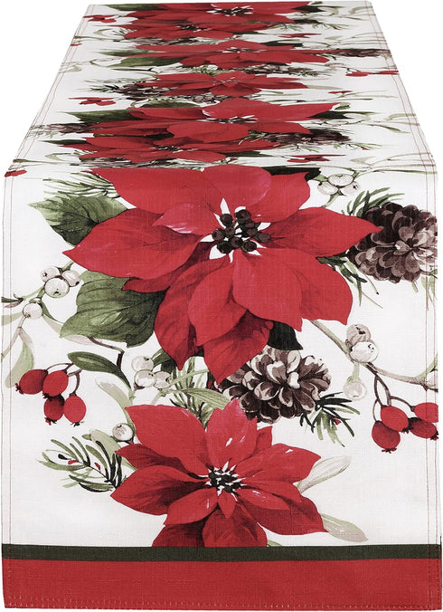 Newbridge Christmas Blooming Poinsettia’s Double Bordered 70 inch Long Table Runner, Holiday Red and White Poinsettia Dining Table Runner...