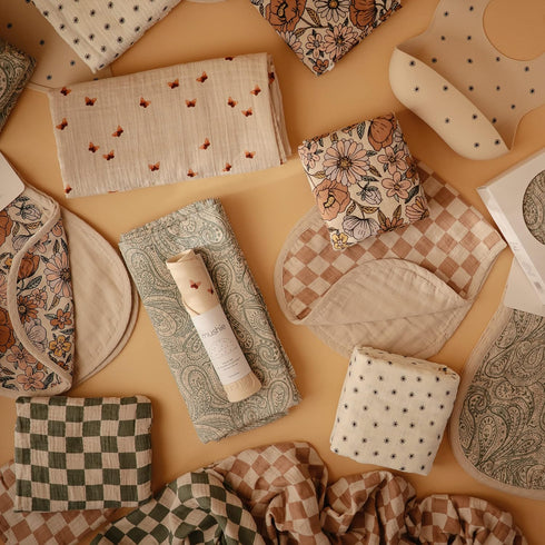 mushie Muslin Baby Burp Cloths | 100% Organic Cotton, Set of 2 (Olive Check/Natural Check)...